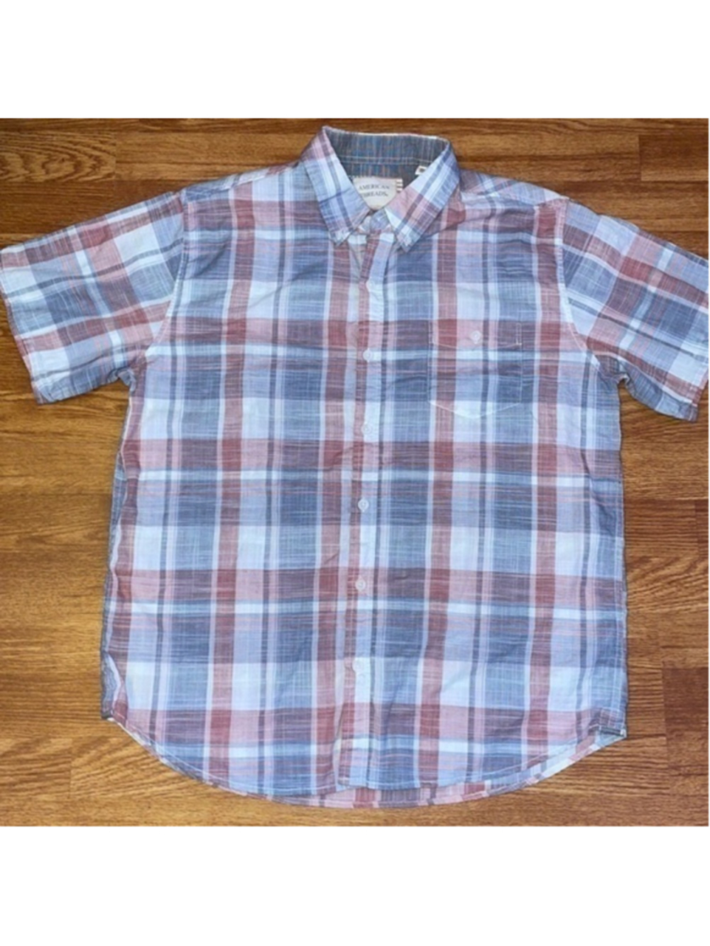 5/$10 American Threads Light Red, White & Blue Plaid Short Sleeve XL